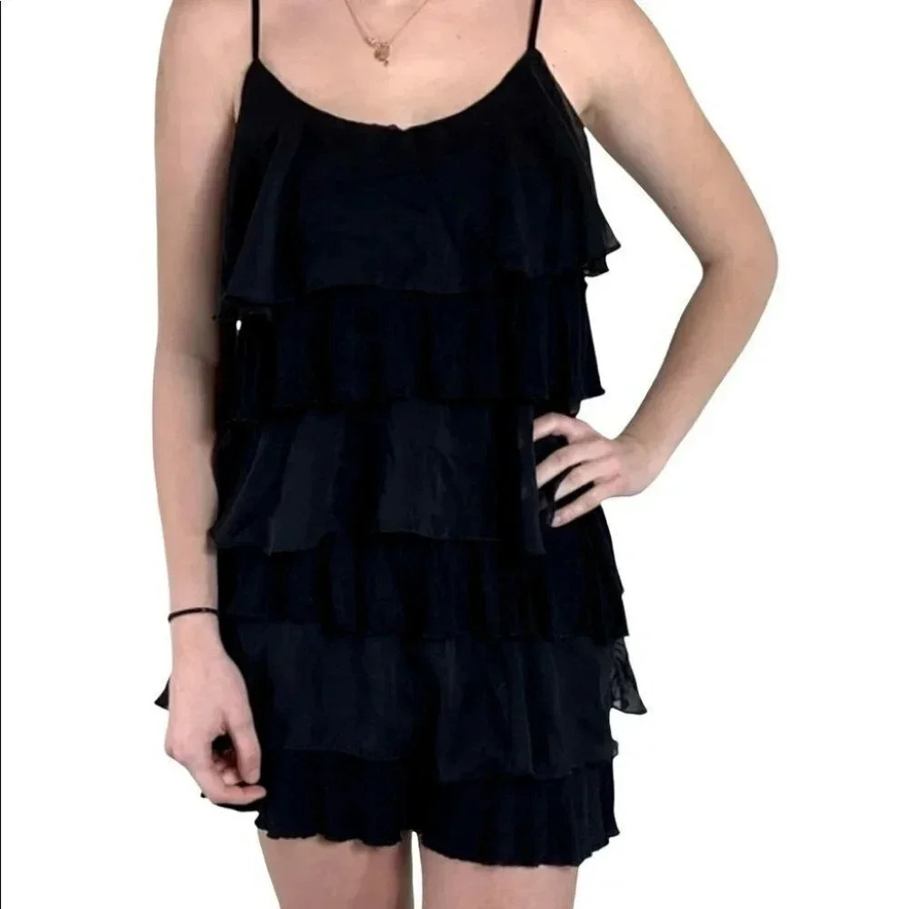 Forever 21 Tiered Ruffle Mini Dress Size Medium Black Spaghetti Strap Boho LBD